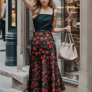 Amazon Black and Red Floral A-Line Skirt